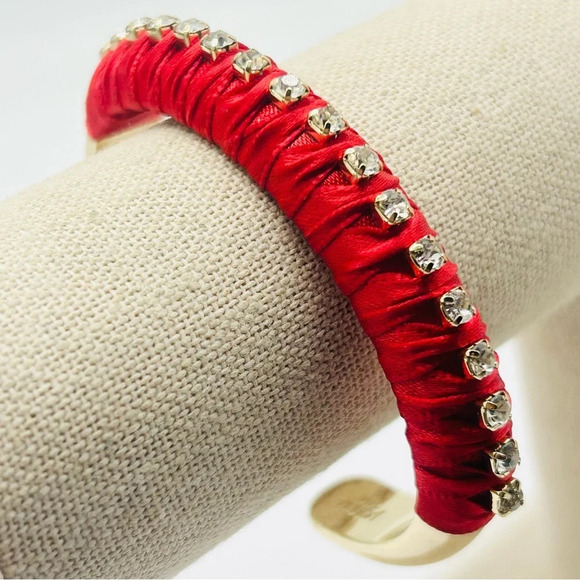 J. Crew Red Ribbon Wrapped Jeweled Cuff Bracelet - Picture 1 of 3